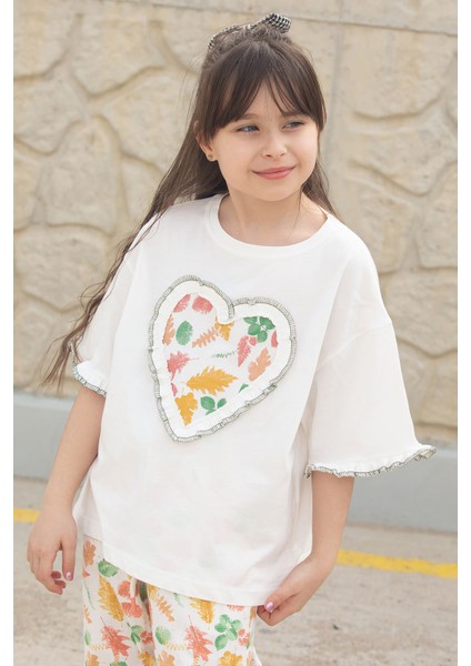 Ekru Yaprak Desenli Pantolonlu Oversize Tişörtlü Kız Takım 20228 fiyatları