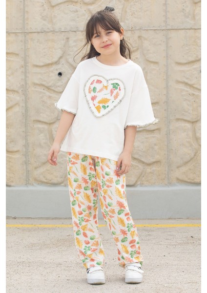Ekru Yaprak Desenli Pantolonlu Oversize Tişörtlü Kız Takım 20228 fırsatları