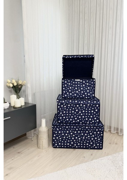 3'lü Lacivert Yıldız Desenli Çok Amaçlı Saklama Kutusu Seti