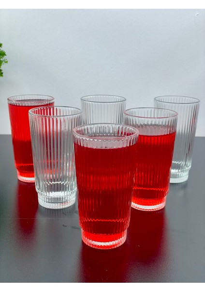 6 Kişilik Cam Çizgili Kokteyl Meşrubat Bardağı Bardak 300 ml