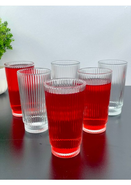 6 Kişilik Cam Çizgili Kokteyl Meşrubat Bardağı Bardak 300 ml