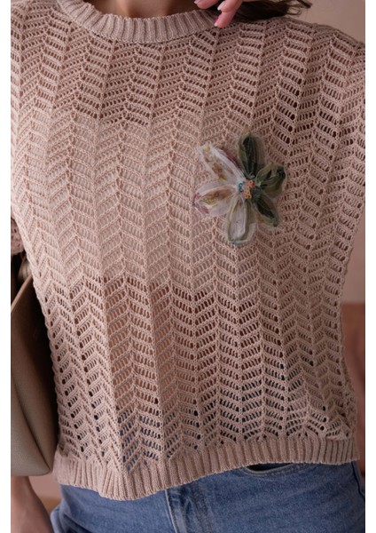 Bisiklet Yaka Aplikeli Ajurlu Salaş Triko Bluz fiyatları