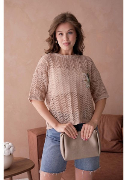 Bisiklet Yaka Aplikeli Ajurlu Salaş Triko Bluz modelleri