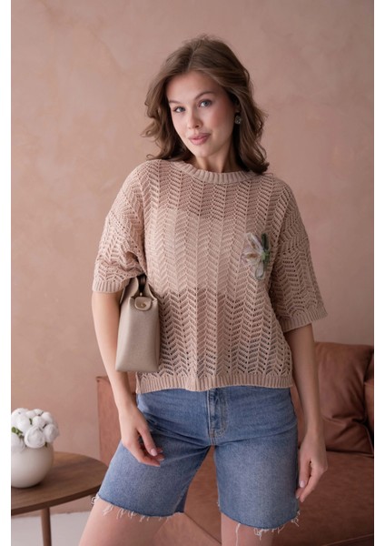 Bisiklet Yaka Aplikeli Ajurlu Salaş Triko Bluz fırsatları