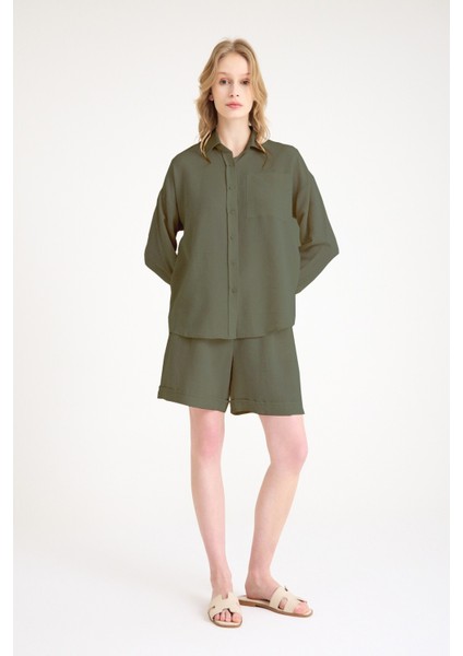 Keten Yazlık Uzun Kol Gömlek Şort Haki Ikili Takım