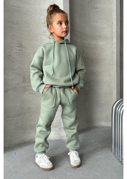 Kız Çocuk Şardonlu Ip Detaylı Sweatshirt Pamuklu Yosun Yeşili Eşofman Takım