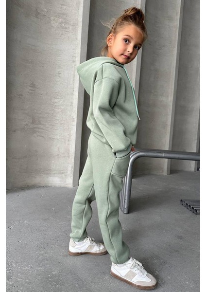 Kız Çocuk Şardonlu Ip Detaylı Sweatshirt Pamuklu Yosun Yeşili Eşofman Takım fiyatları
