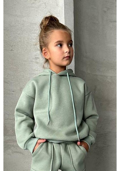 Kız Çocuk Şardonlu Ip Detaylı Sweatshirt Pamuklu Yosun Yeşili Eşofman Takım modelleri