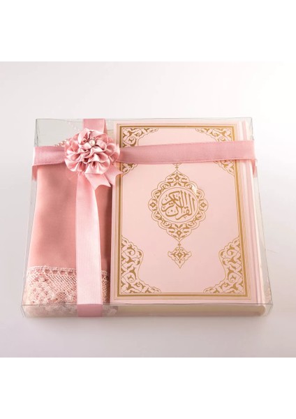 Şal + Tesbih + Kuran Hediye Seti (Hafız Boy, Standart Cilt, Pembe)