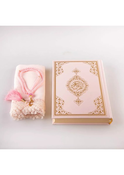 Şal + Tesbih + Kuran Hediye Seti (Hafız Boy, Standart Cilt, Pembe)