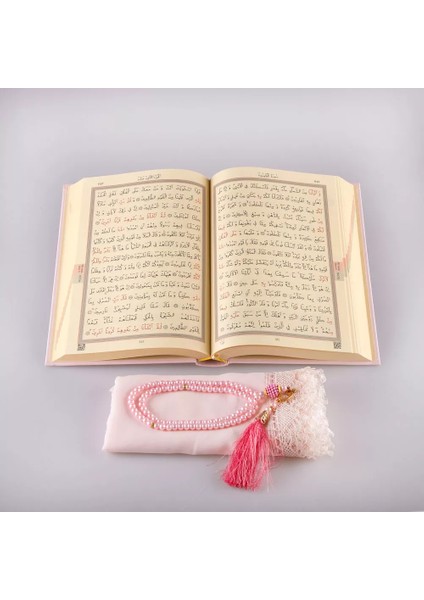 Şal + Tesbih + Kuran Hediye Seti (Hafız Boy, Standart Cilt, Pembe)