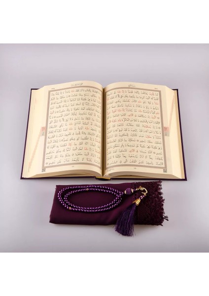 Şal + Tesbih + Kuran Hediye Seti (Hafız Boy, Standart Cilt, Mor)
