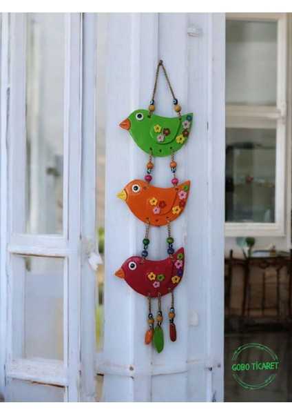 3'lü El Boyaması Dekoratif Kuş Duvar ve Balkon Süsü–boncuklu & Ipli-Farklı Renk Seçenekleri 45X12 cm
