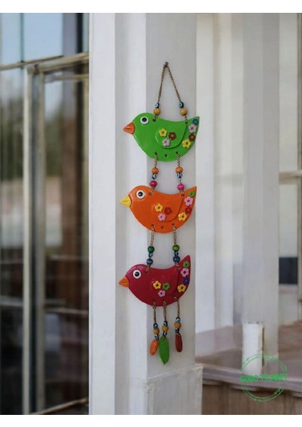 3'lü El Boyaması Dekoratif Kuş Duvar ve Balkon Süsü–boncuklu & Ipli-Farklı Renk Seçenekleri 45X12 cm
