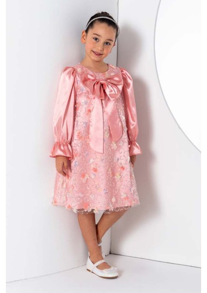 Kız Çocuk Göğsü Kurdele ve Üzeri Kelebek Işlemeli Ispanyol Kollu Somon Şifon Elbise fiyatları