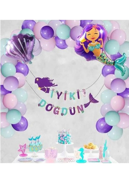 Kız Çocuklar Için Deniz Kızı Balonlu Iyiki Deniz Kızı Bannerlı Doğum Günü Parti Seti Süsü