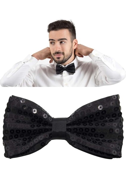 Gece Işıltısı Siyah Payetli Pullu Papyon 7x2 cm (3791)