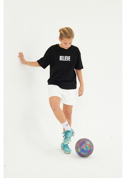 Believe Yazılı Futbol Tasarım Baskılı Siyah Çocuk T-Shirt