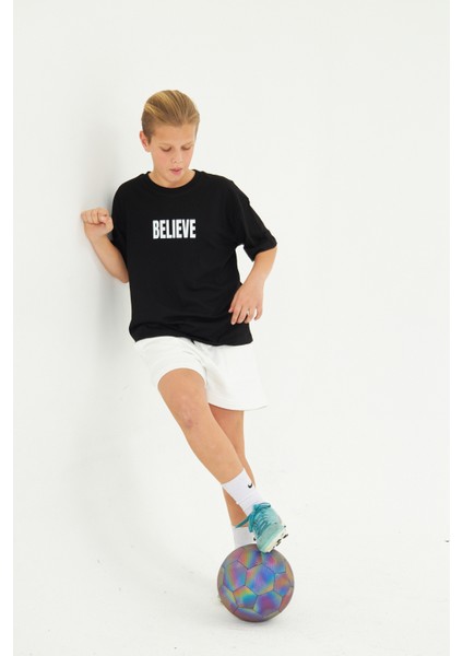 Believe Yazılı Futbol Tasarım Baskılı Siyah Çocuk T-Shirt