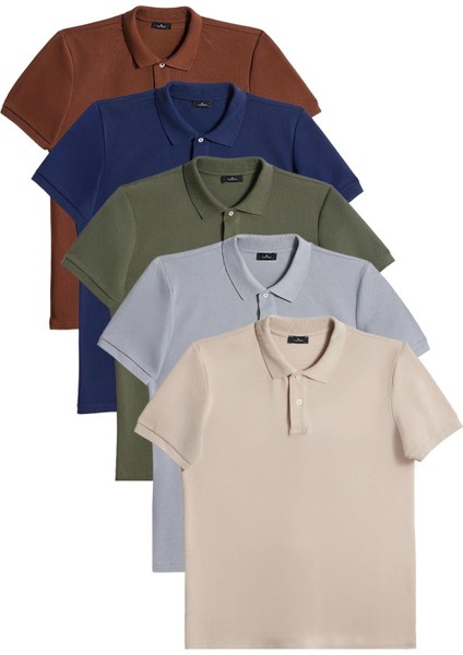 Erkek 5'li Paket Lacivert-Taş-Kahverengi-Gri-Haki Slim Fit Pamuklu Düz Pike Polo Yaka Tişört