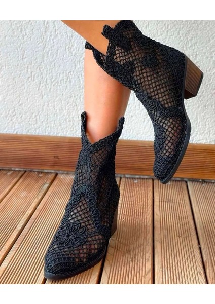 Dantel Kumaş Yazlık Western Kovboy Kadın Bot Çizme