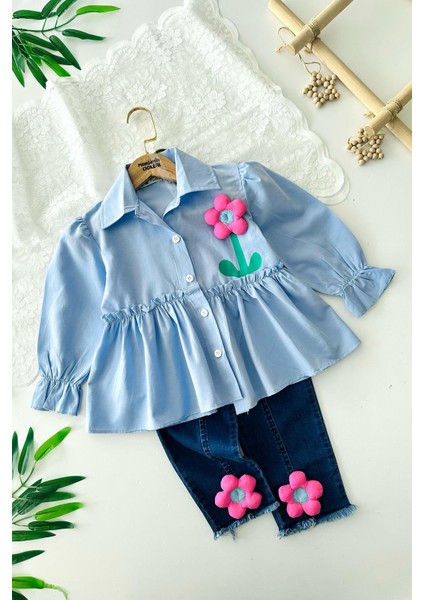 Çiçek Desenli Kot Pantolonlu Gömlekli 2 li takım - Açık Mavi