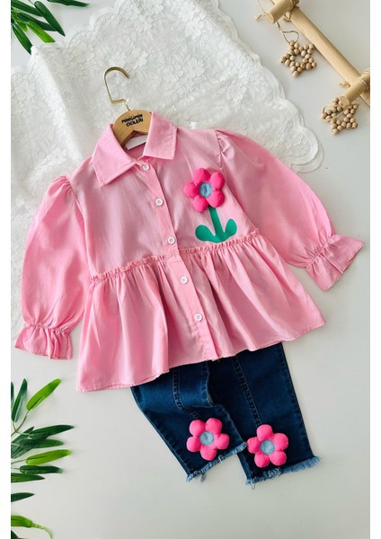 Çiçek Desenli Kot Pantolonlu Gömlekli 2 li takım - Pembe