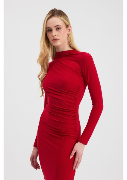 3686 Bel Büzgü Detay Elbise Kırmızı fiyatları