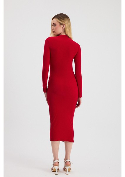 3686 Bel Büzgü Detay Elbise Kırmızı indirimleri