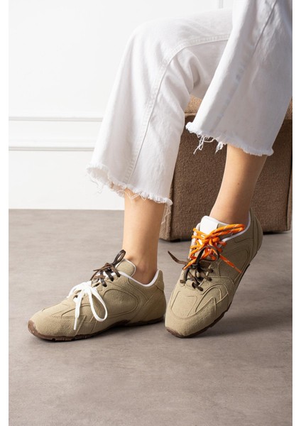 Wanca Kadın Sneakers Çift Renk Bağcıklı Spor Ayakkabı Bej Süet