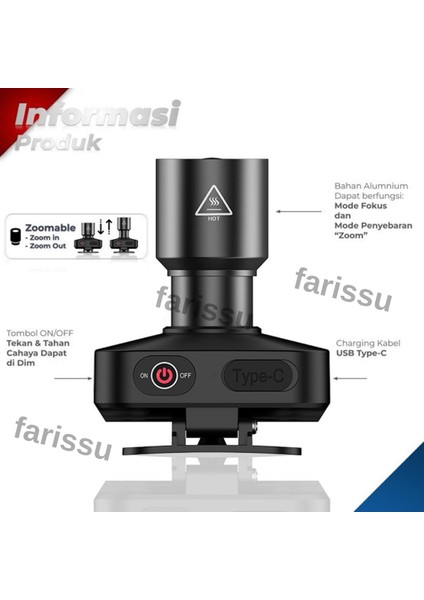 WH-2102 Şarjlı Kafa Feneri - 10W, 1200 Lümen, Zoom Fonksiyonlu, C Tipi Şarjlı