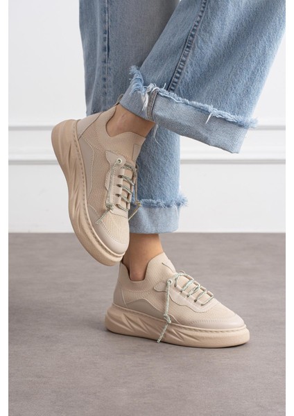 Polivya Kadın Sneakers Taşlı Bağcıklı Triko Dokumalı Spor Ayakkabı Bej Deri fiyatları