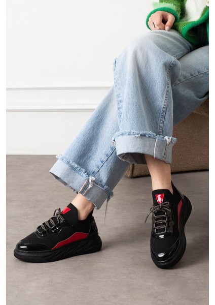 Polivya Kadın Sneakers Taşlı Bağcıklı Triko Dokumalı Spor Ayakkabı Siyah/kırmızı Rugan