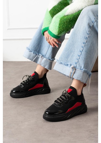 Polivya Kadın Sneakers Taşlı Bağcıklı Triko Dokumalı Spor Ayakkabı Siyah/kırmızı Rugan fiyatları