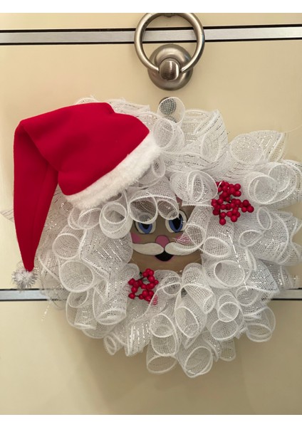 Yılbaşı Kapı Süsü-Çelengi Beyaz Tüllü Noel Baba Figürlü 45 cm