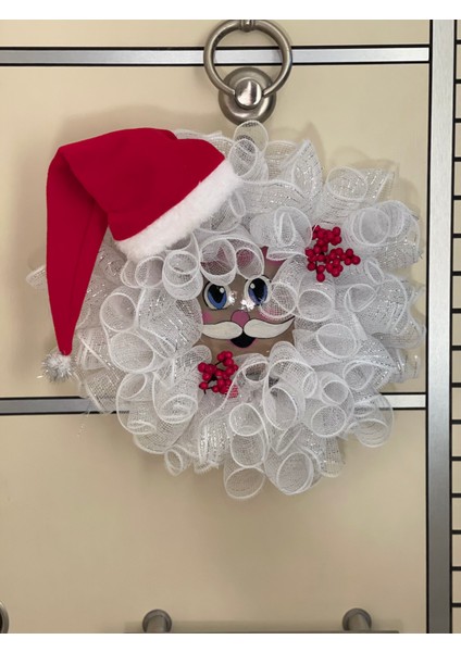 Yılbaşı Kapı Süsü-Çelengi Beyaz Tüllü Noel Baba Figürlü 45 cm