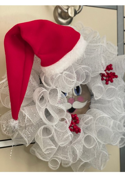 Yılbaşı Kapı Süsü-Çelengi Beyaz Tüllü Noel Baba Figürlü 45 cm