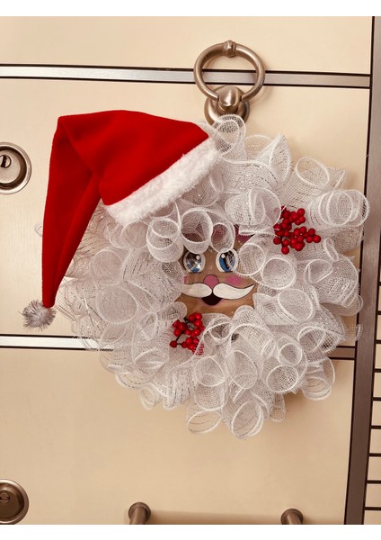 Yılbaşı Kapı Süsü-Çelengi Beyaz Tüllü Noel Baba Figürlü 45 cm