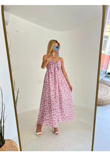 Pembe Keten Çiçek Detaylı Askılı Önden Bağlamalı Uzun Astarlı Elbise fiyatları