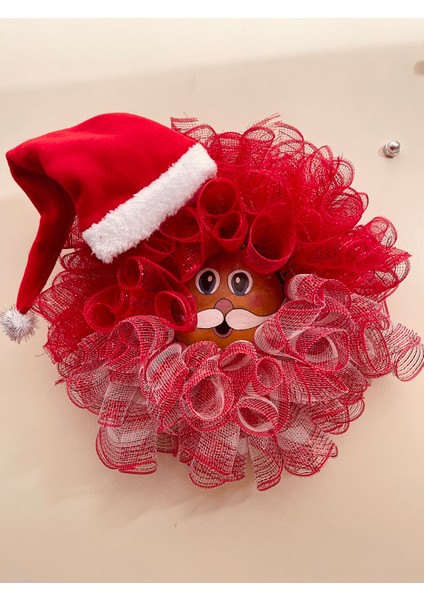 Yılbaşı Kapı Süsü-Çelengi Kırmızı Tüllü Noel Baba Figürlü 45 cm