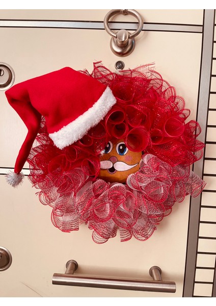 Yılbaşı Kapı Süsü-Çelengi Kırmızı Tüllü Noel Baba Figürlü 45 cm
