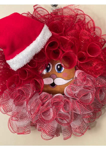 Yılbaşı Kapı Süsü-Çelengi Kırmızı Tüllü Noel Baba Figürlü 45 cm