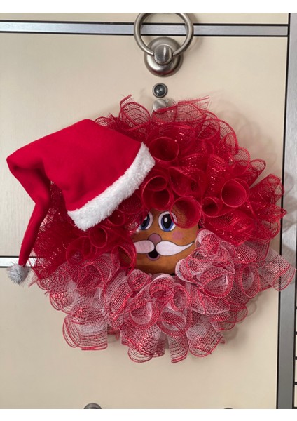 Yılbaşı Kapı Süsü-Çelengi Kırmızı Tüllü Noel Baba Figürlü 45 cm