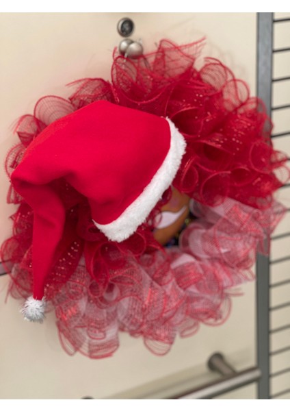 Yılbaşı Kapı Süsü-Çelengi Kırmızı Tüllü Noel Baba Figürlü 45 cm