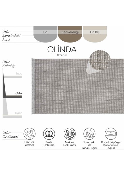 Olinda 1105 Gri Mutfak Halısı Yumuşak Bukle Dokuma Tezgah Önü Leke Tutmayan Iskandinav Yolluk Halı