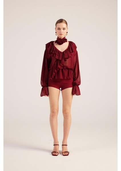 Fırfırlı Güllü Choker Aksesuarlı Şifon Sassy Gömlek Bordo