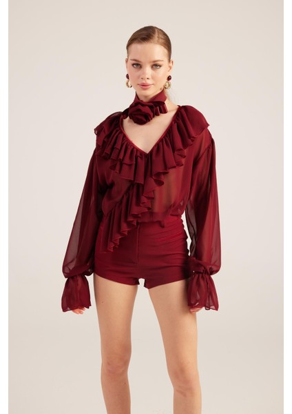 Fırfırlı Güllü Choker Aksesuarlı Şifon Sassy Gömlek Bordo