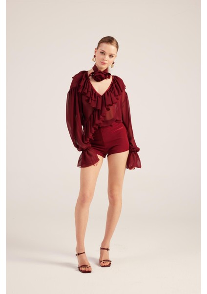 Fırfırlı Güllü Choker Aksesuarlı Şifon Sassy Gömlek Bordo
