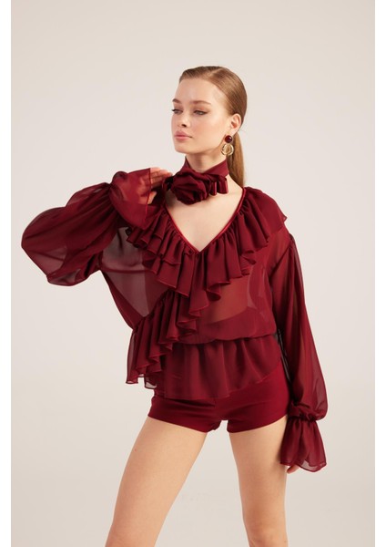 Fırfırlı Güllü Choker Aksesuarlı Şifon Sassy Gömlek Bordo
