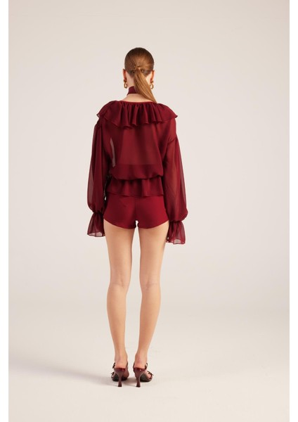 Fırfırlı Güllü Choker Aksesuarlı Şifon Sassy Gömlek Bordo